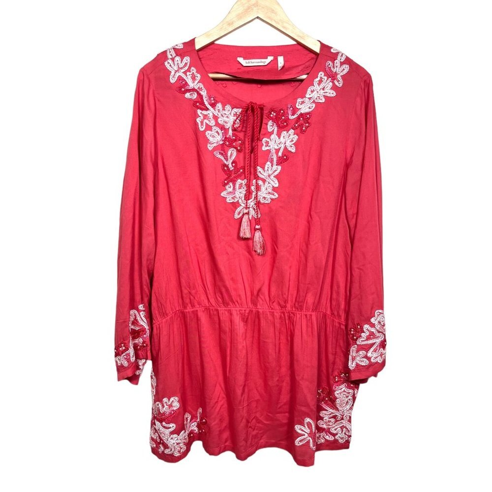 Soft Surroundings Boho Floral Crush Coral Tunic embroidered sz Lβ